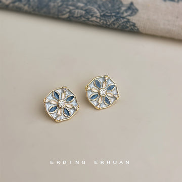 Gold Blue Cream Enamel Hexagon Floral Pattern Stud Earrings