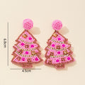 Beaded Christmas Tree Drop Earrings Rhinestone Sequin Pink Green view 4