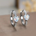 Silver Tone Heart Opal Huggie Hoop Earrings Clear Side Stones view 2
