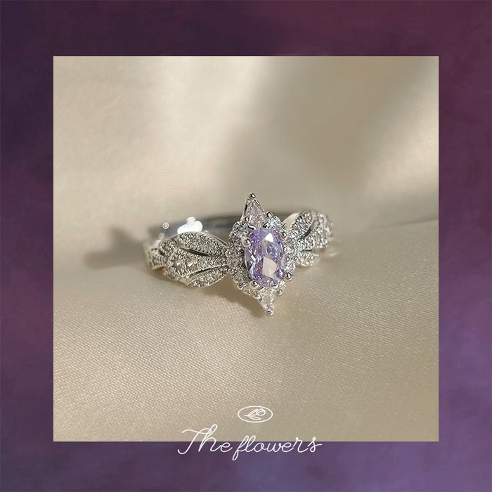 Silver Tone Purple Oval Stone Clear Butterfly Wing Open Ring