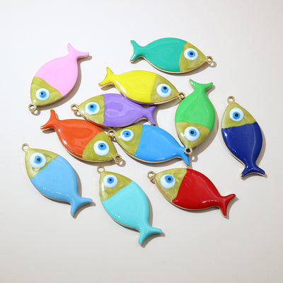 Colorful Enamel Fish Charms in Twelve Color Options shown in a grouped front view