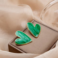 Green Marble Enamel Heart Stud Earrings Gold Tone Rim view 3