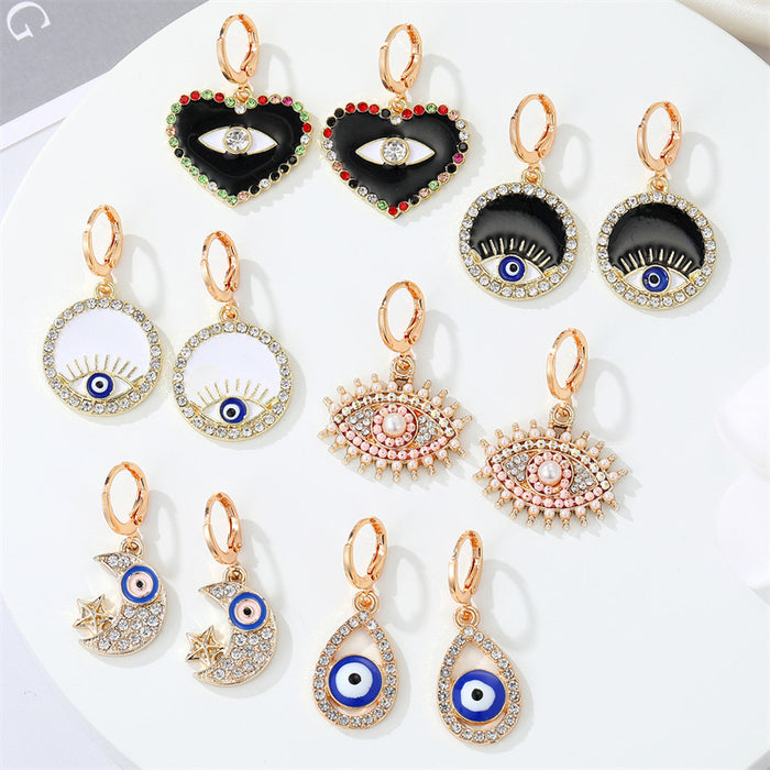 Gold Tone Ornate Crystal Evil Eye Huggie Drop Earrings in Seven Designs