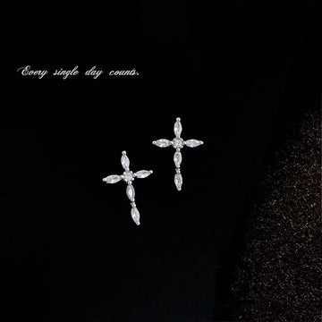 Silver Tone Clear Stone Cross Stud Earrings For Women