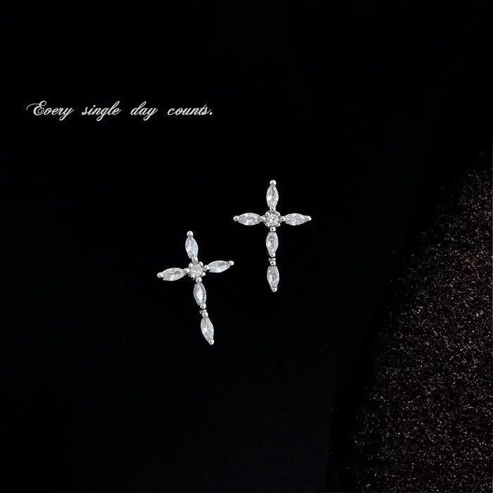 Silver Tone Clear Stone Cross Stud Earrings For Women