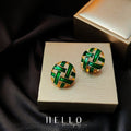 Green Enamel Woven Lattice Round Stud Earrings Gold view 2