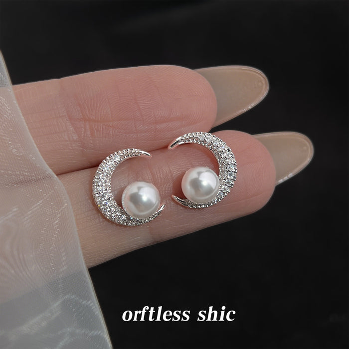 Silver Tone Clear Stone Crescent Moon And Pearl Stud Earrings