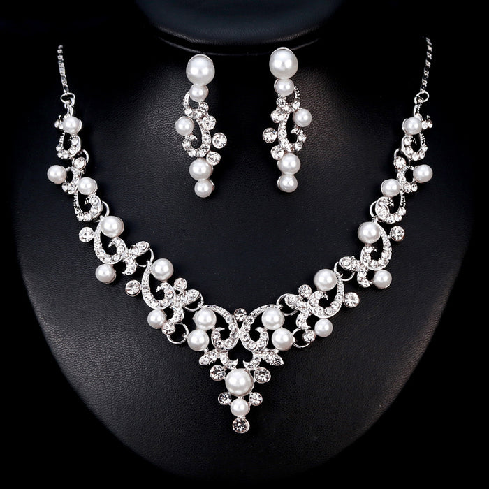 Black Silver Tone Pearl Crystal Scroll Crystal Pearl Look Metal Necklace