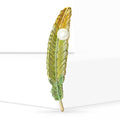 Green Gold Enamel Feather Brooch Pearl Accent Long Pin view 2
