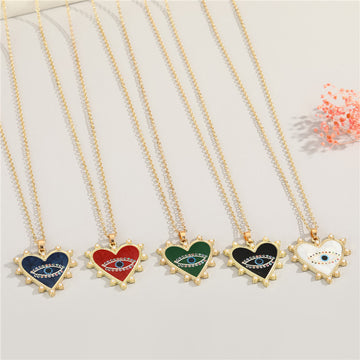 Gold Tone Pearl-Edged Heart Evil Eye Pendant Necklaces in Five Colors