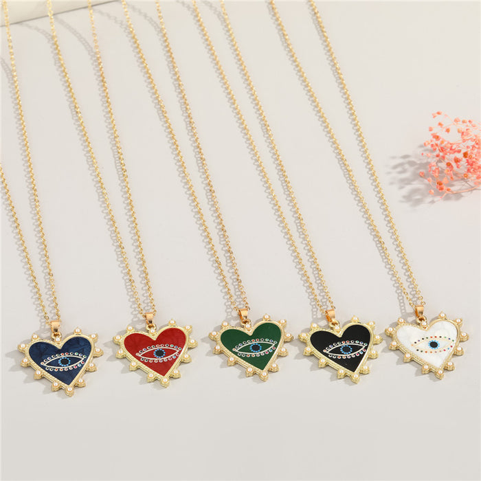 Gold Tone Pearl-Edged Heart Evil Eye Pendant Necklaces in Five Colors