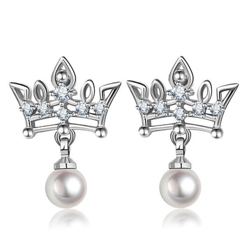 Crown CZ Pearl Drop Stud Earrings Silver Rose Gold