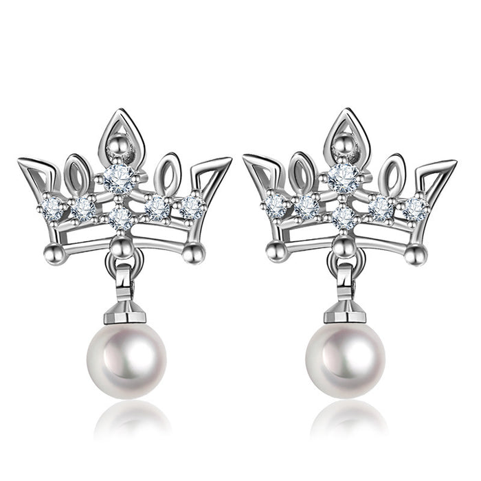 Crown CZ Pearl Drop Stud Earrings Silver Rose Gold