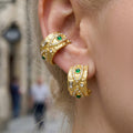 Textured C Hoop Earrings Green Stones Clear Crystals view 2