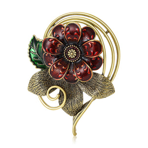 Red and Black Enamel Flower Brooch with Antique Gold-Tone Leaves