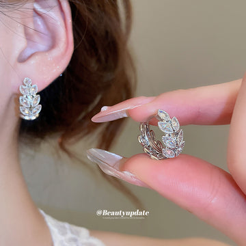 Silver Tone Crystal Wheat Wreath Huggie Hoop Earrings
