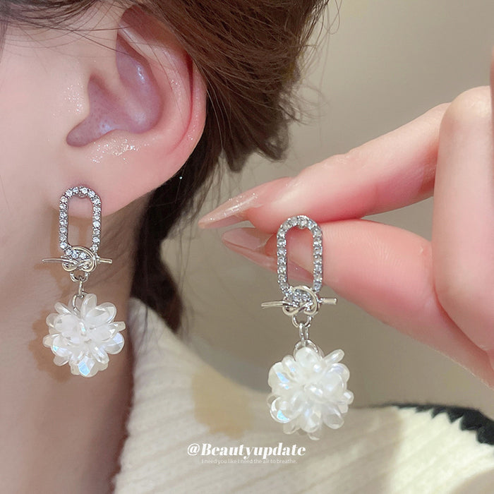 Crystal Rectangle and White Floral Drop Earrings for Women