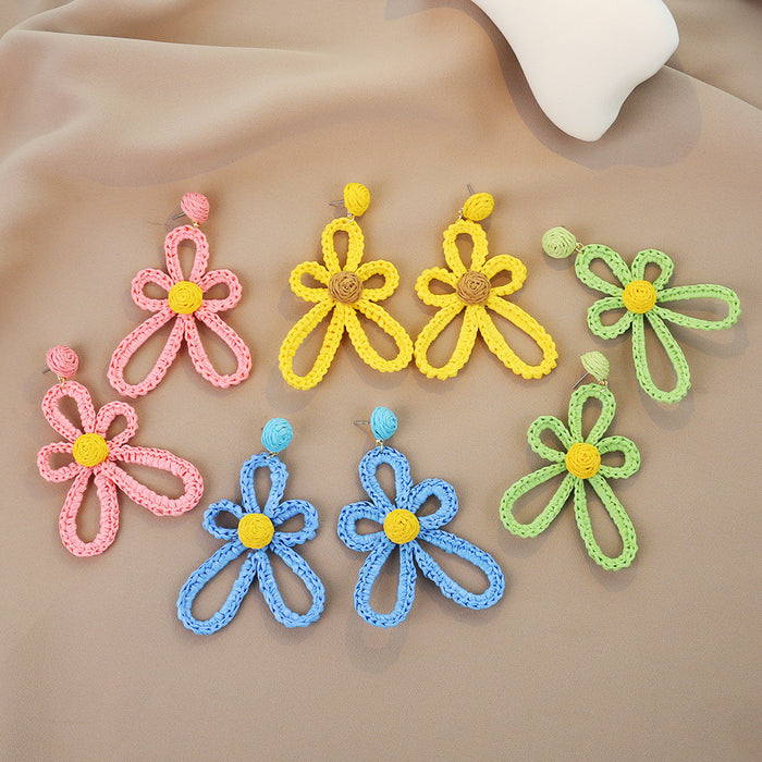 Green Blue Pink and Yellow Woven Loop Flower Earrings