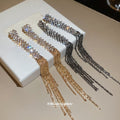 Gunmetal Tone Crystal Bar Earrings With Long Chain Tassels view 2