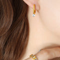 Gold Steel Mini Hoop Earrings Clear Round Drop Stone view 4