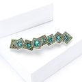 Geometric Bar Brooch in Metal with Stepped Squares with Green or Clear Crystal Centers view 3