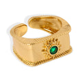 Gold Open Square Band Ring With Green Stone Sun Motif view 5