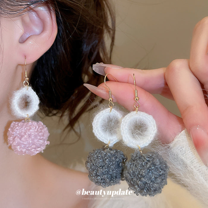 Fuzzy Double Pom Pom Drop Earrings in Pink and Gray