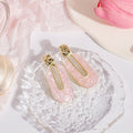 Pink Pearlescent Oval Drop Earrings Gold Hammered Stud Tops view 1