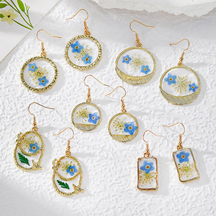 Blue Forget-Me-Not Resin Drop Earrings Gold Frames 5 Styles