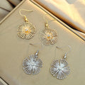 Gold Openwork Wire Flower Drop Earrings Crystal Center Hooks view 1
