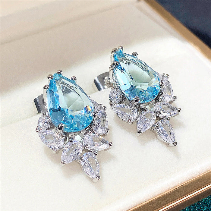 Pink Blue Green Teardrop Leaf Zirconia Stud Earrings