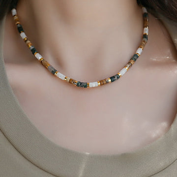 Coffee Green White Gold Heishi Disc Bead Choker Necklace