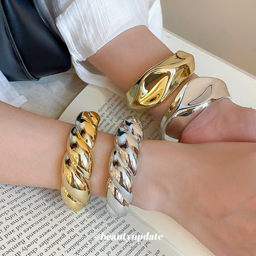Gold Open Cuff Bracelet Irregular Sculptural Wave Alloy