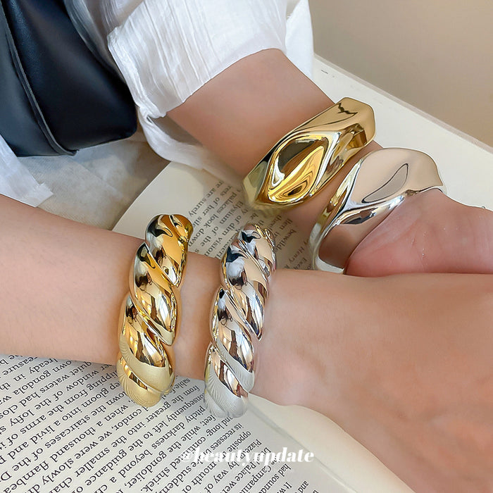 Gold Open Cuff Bracelet Irregular Sculptural Wave Alloy