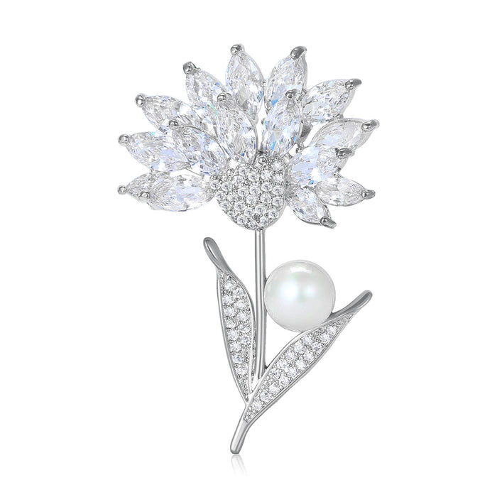 Crystal Flower With Pearl Brooch for Jackets Scarves and Coats