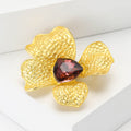 Hammered Gold Tone Flower Brooch With Deep Red Crystal Center view 2