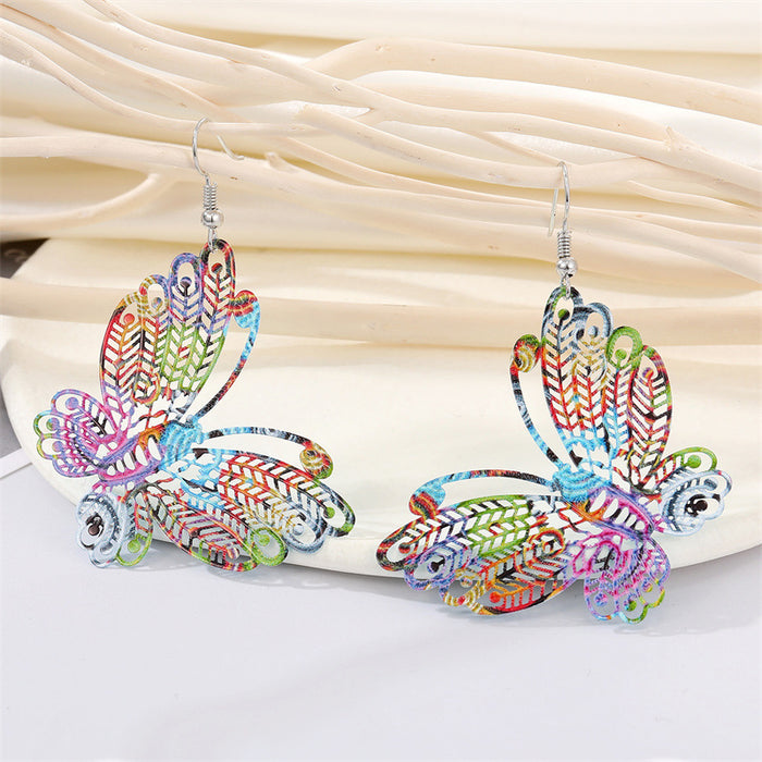Colorful Printed Openwork Butterfly Large Hook Earrings