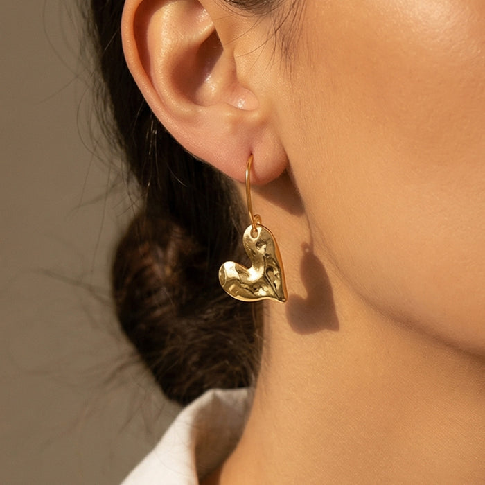 Hammered Heart Drop Hoop Earrings in Gold and Silver Tone