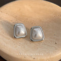 Geometric Square Metal Frame Pearl Stud Earrings Pair view 4