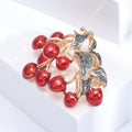 Red Enamel Cherry Cluster Brooch Gold Tone Green Leaf Pin view 4