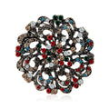Openwork Round Floral Crystal Brooch in Antique Gold Tone view 1