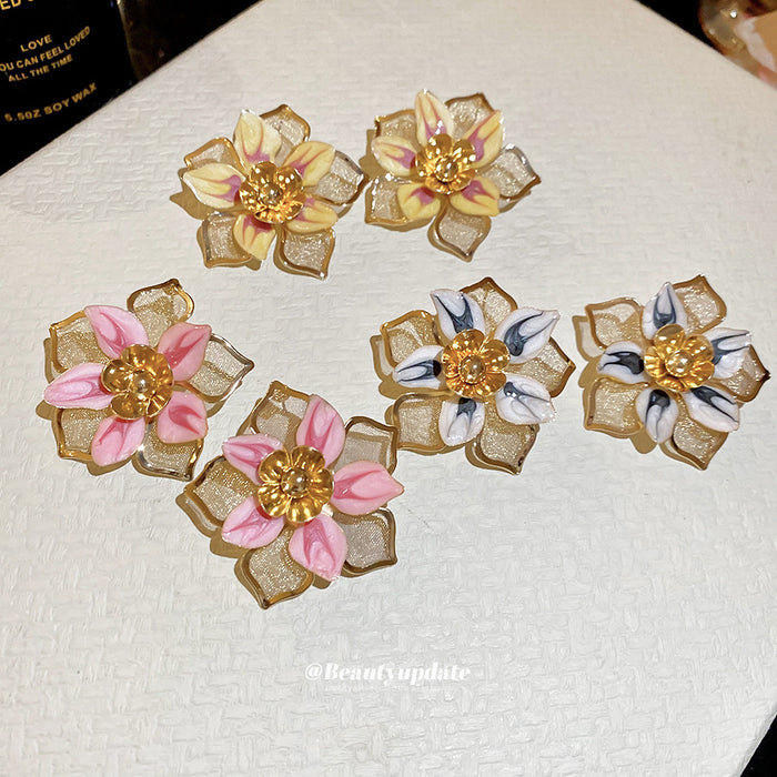 Layered Enamel Flower Stud Earrings in Three Colors