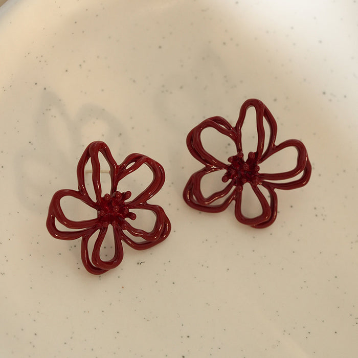 Burgundy Cord Outline Flower Stud Earrings Fashion Jewelry