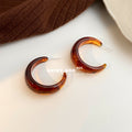 Amber Brown Marbled Resin Thick C Hoop Stud Earrings view 4