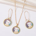Gold Tone Round Kimono Cat Pendant Necklace and Long Hook Earrings view 1