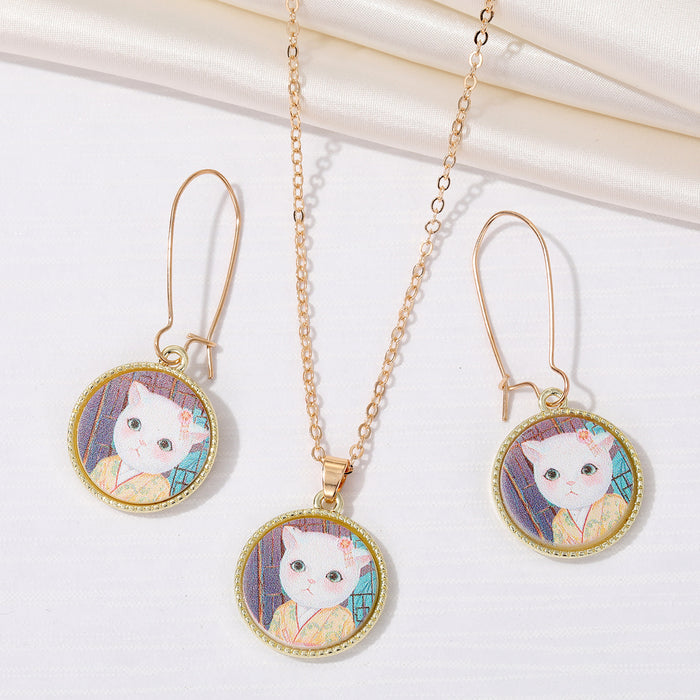 Gold Tone Round Kimono Cat Pendant Necklace and Long Hook Earrings