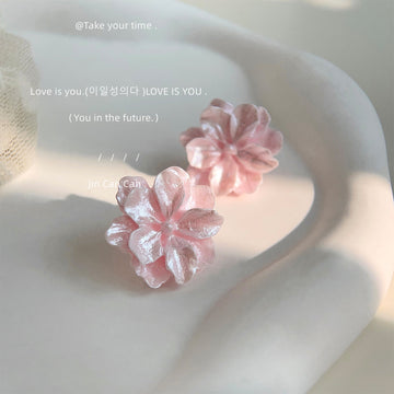 Pink Pearlescent Camellia Flower Stud Earrings Pair