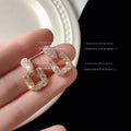 Gold Crystal Pave Oval Stud Square Drop Earrings Pair view 1