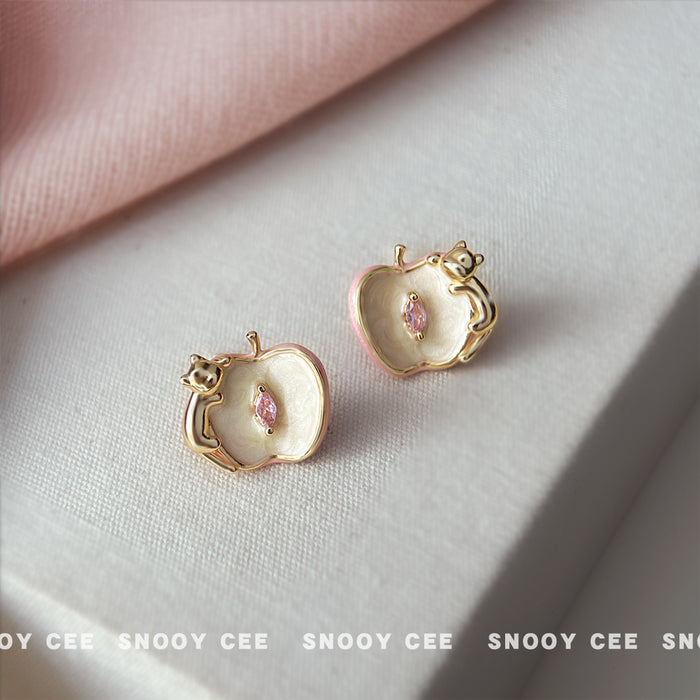 Gold Tone White Apple Cat And Pink Stone Stud Earrings For Women