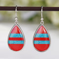 Red Turquoise Stripe Teardrop Drop Earrings Silver Tone view 2